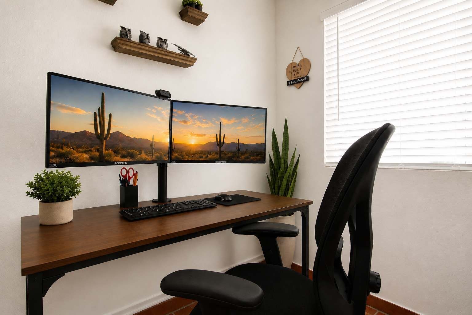 Uma mesa com computador, um cacto e uma tela na parede exibindo um pôr do sol no deserto.