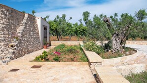 Edificio de piedra con jardín, incluyendo plantas en macetas y un árbol pequeño.