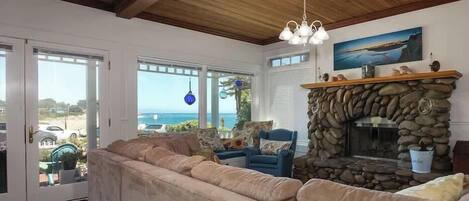 TV, fireplace, books