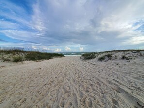 A sandy beach with a wooden fence on the left and grassy dunes on the right.