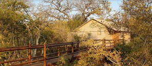 A house with a wooden deck and a bridge leading to it, surrounded by trees. - Vuyani River Lodge (Hoedspruit)