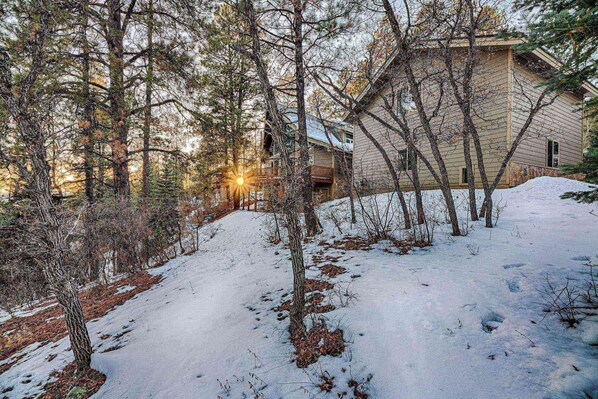 A snow-covered landscape with a wooden cabin and dense trees. - Cozy Studio with Full Kitchen, 15 Minutes to Wolf Creek, 10 Minutes to Hot Springs (Pagosa Springs)