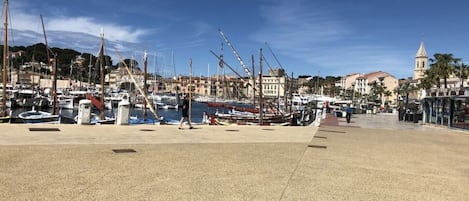 A marina with boats docked, a pedestrian walkway, and buildings in the background.