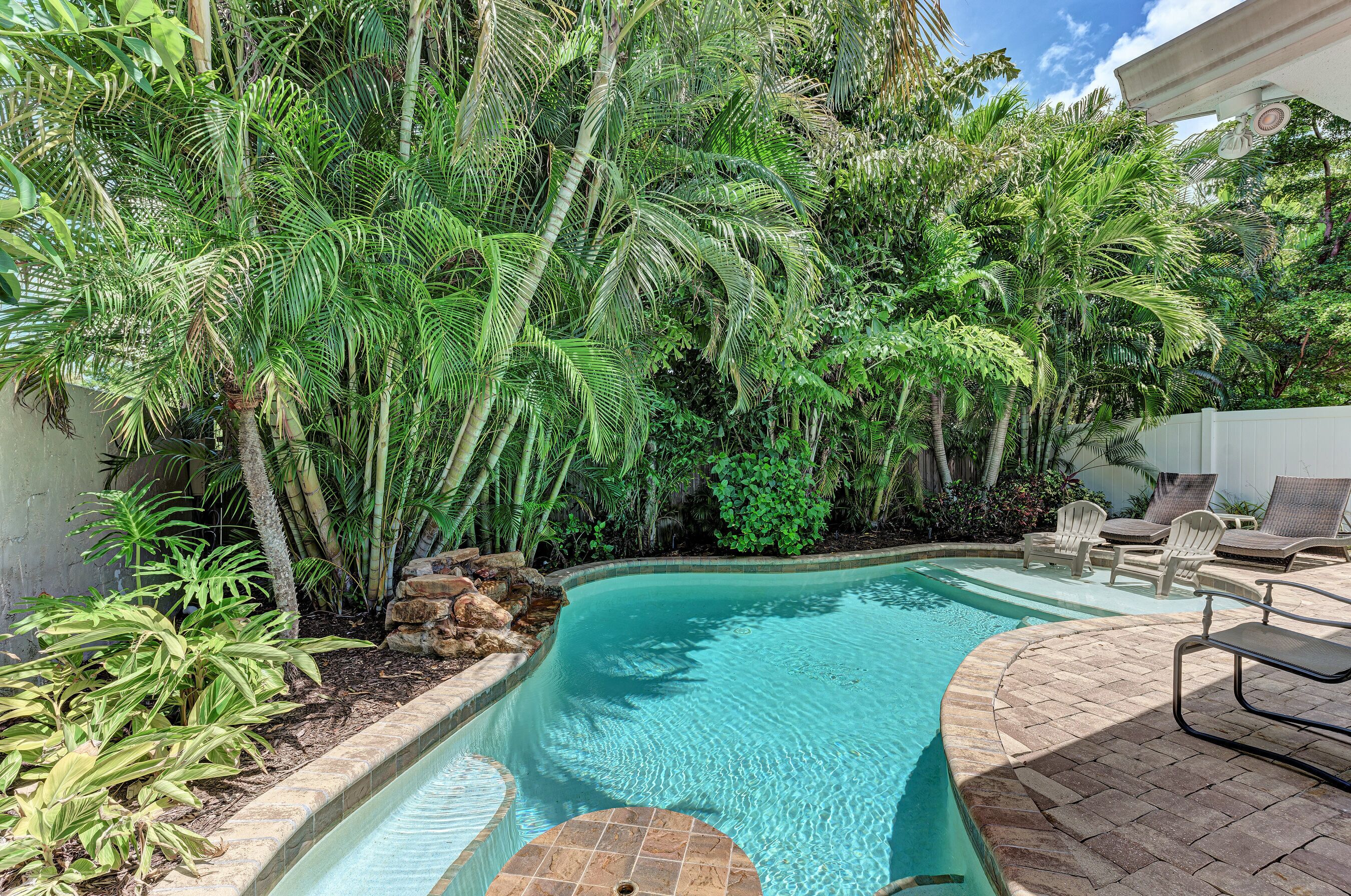 Ein Schwimmbecken, umgeben von üppiger tropischer Vegetation und einer Terrasse mit Liegestühlen.