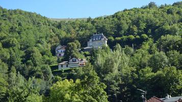 A hilltop house surrounded by dense forest.