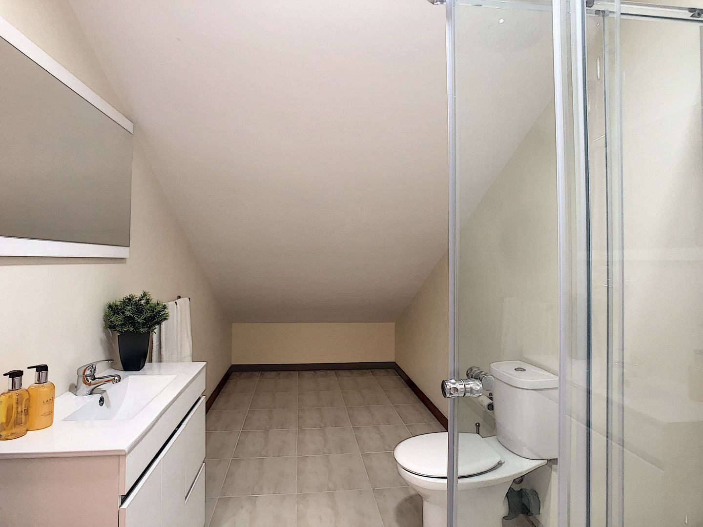 A small, modern bathroom with a white sink, a toilet, and a shower enclosure.