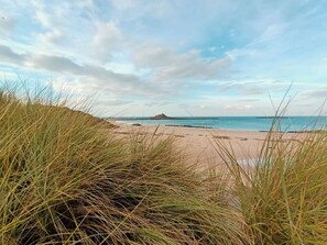 A beach with sand dunes and a distant island.