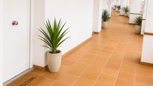 A corridor with a welcome mat, potted plants, and a door.