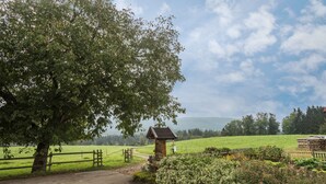 Een landelijk landschap met een houten hek, een grindpad en een klein gebouwtje met een schuin dak.