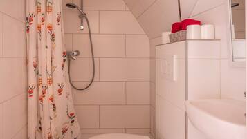 Un bagno con doccia, toilette e lavandino.
