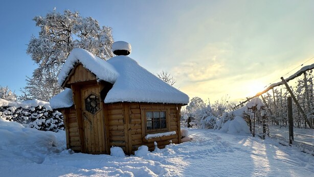 A wooden cabin with a snow-covered roof and a chimney, surrounded by snow-covered trees. - Holiday Apartment "Hof zum Stadl" 1 at Lake Constance – Walk to Ravensburger Spieleland (Meckenbeuren)