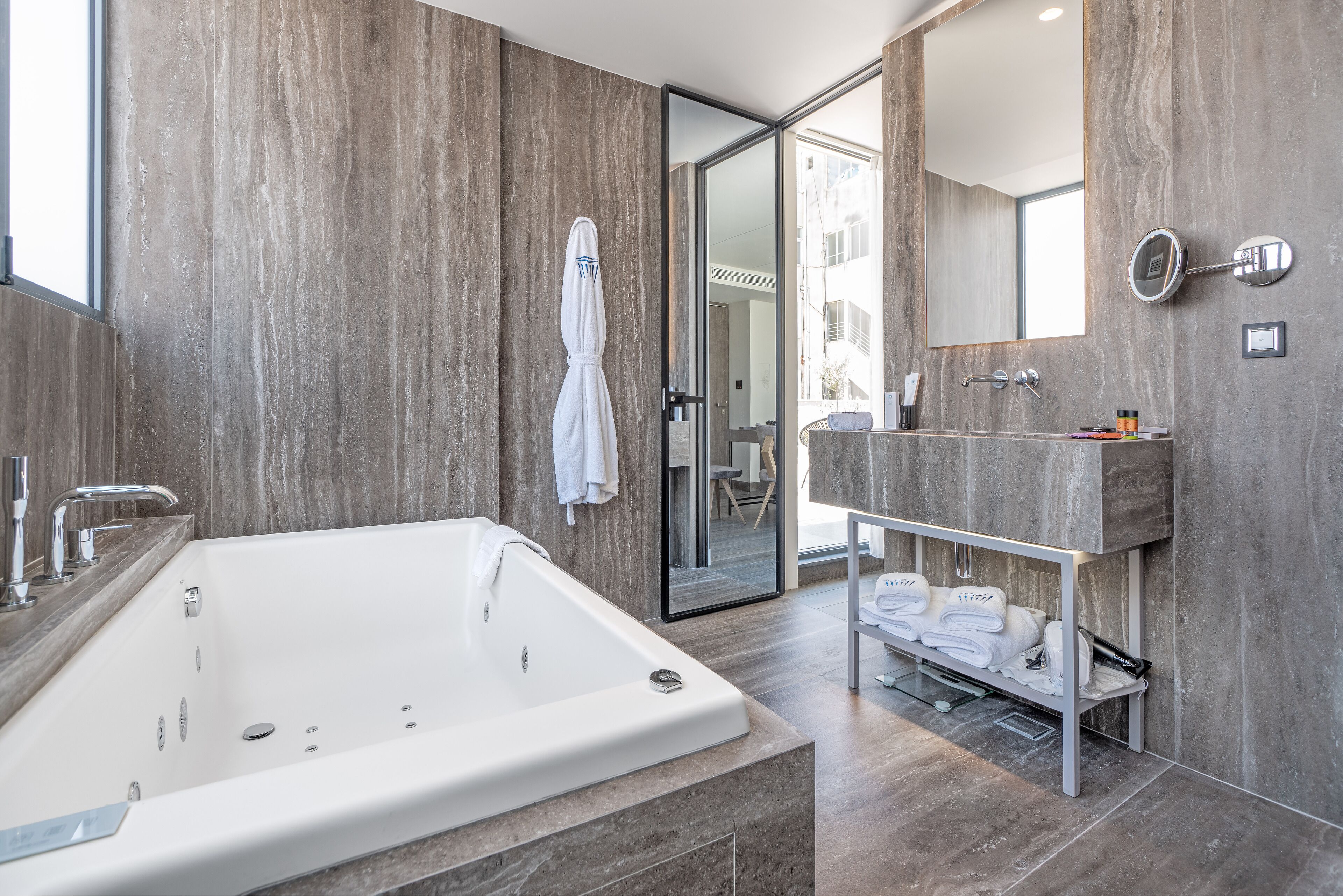 hellenic vibes suite | bathroom | shower, rainfall showerhead, free toiletries, hair dryer