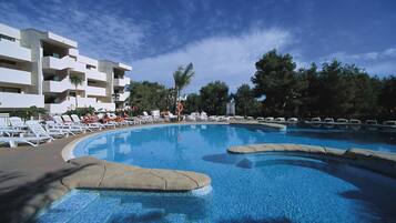 Seasonal outdoor pool, pool umbrellas, pool loungers