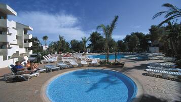 Seasonal outdoor pool, pool umbrellas, pool loungers