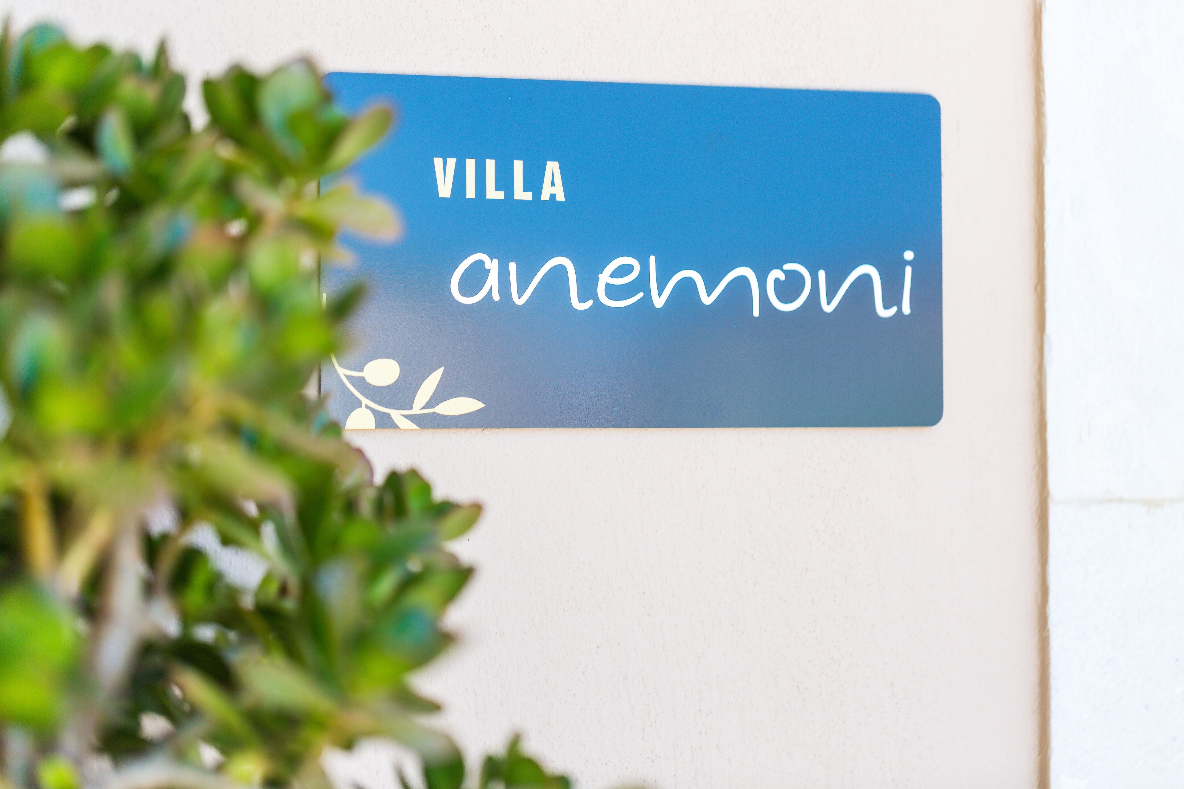 A sign with the text "VILLA anemoni" on a blue background.