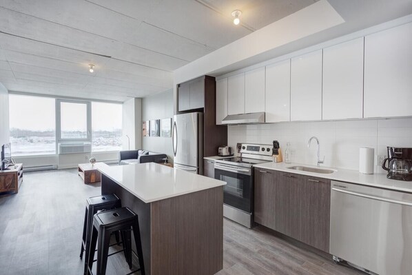 Appartement, 1 grand lit | Cuisine privée | Grand réfrigérateur, micro-ondes, four, plaque de cuisson