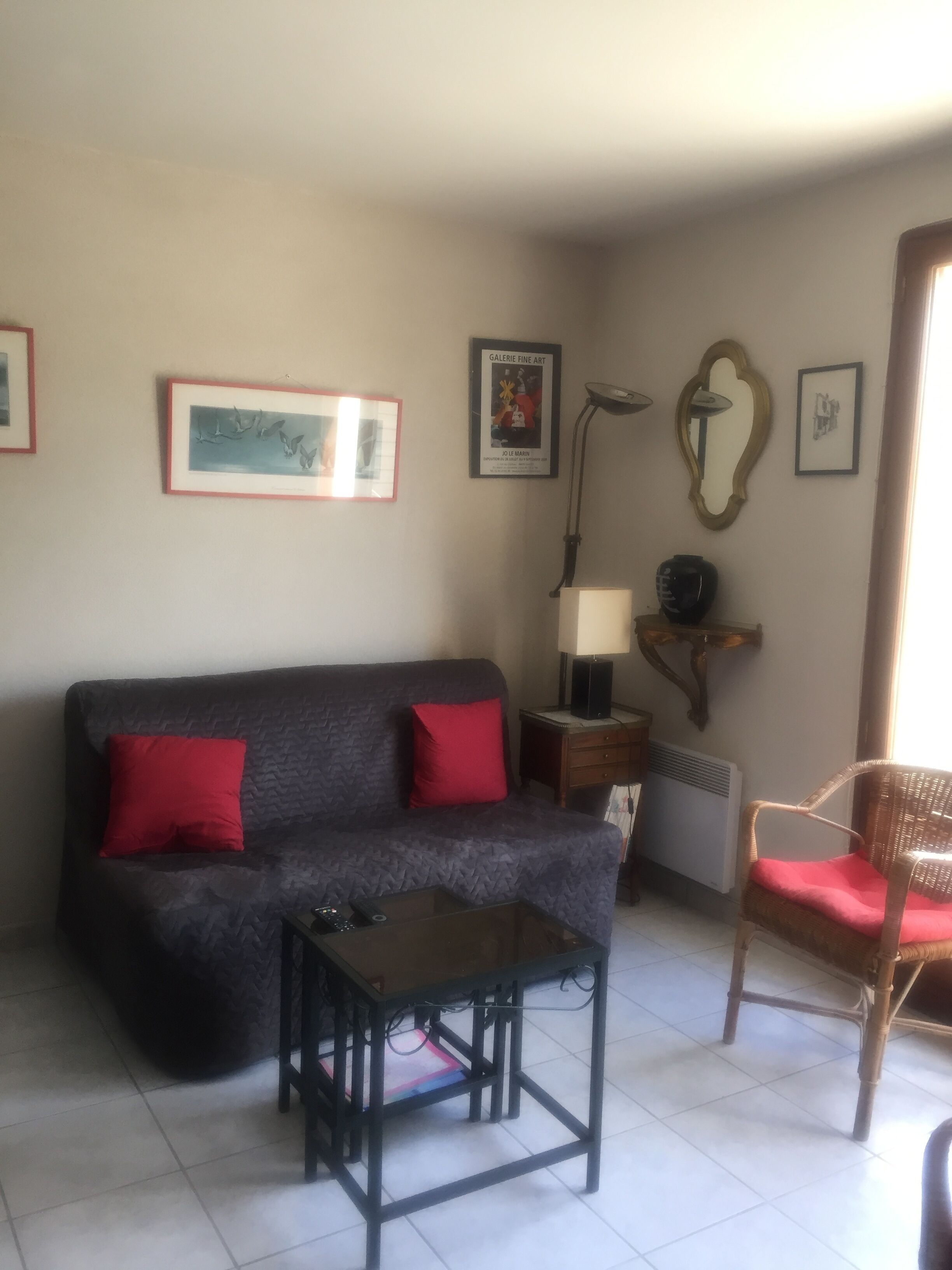 A living room with a dark grey sofa, two red cushions, a small black table, a wicker chair with a red cushion, and a floor lamp.