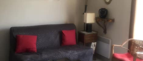 A living room with a dark grey sofa, two red cushions, a small black table, a wicker chair with a red cushion, and a floor lamp.