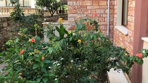 Uma área de jardim com diversas plantas e flores, um muro de tijolos e um aparelho de ar condicionado fixado na parede.