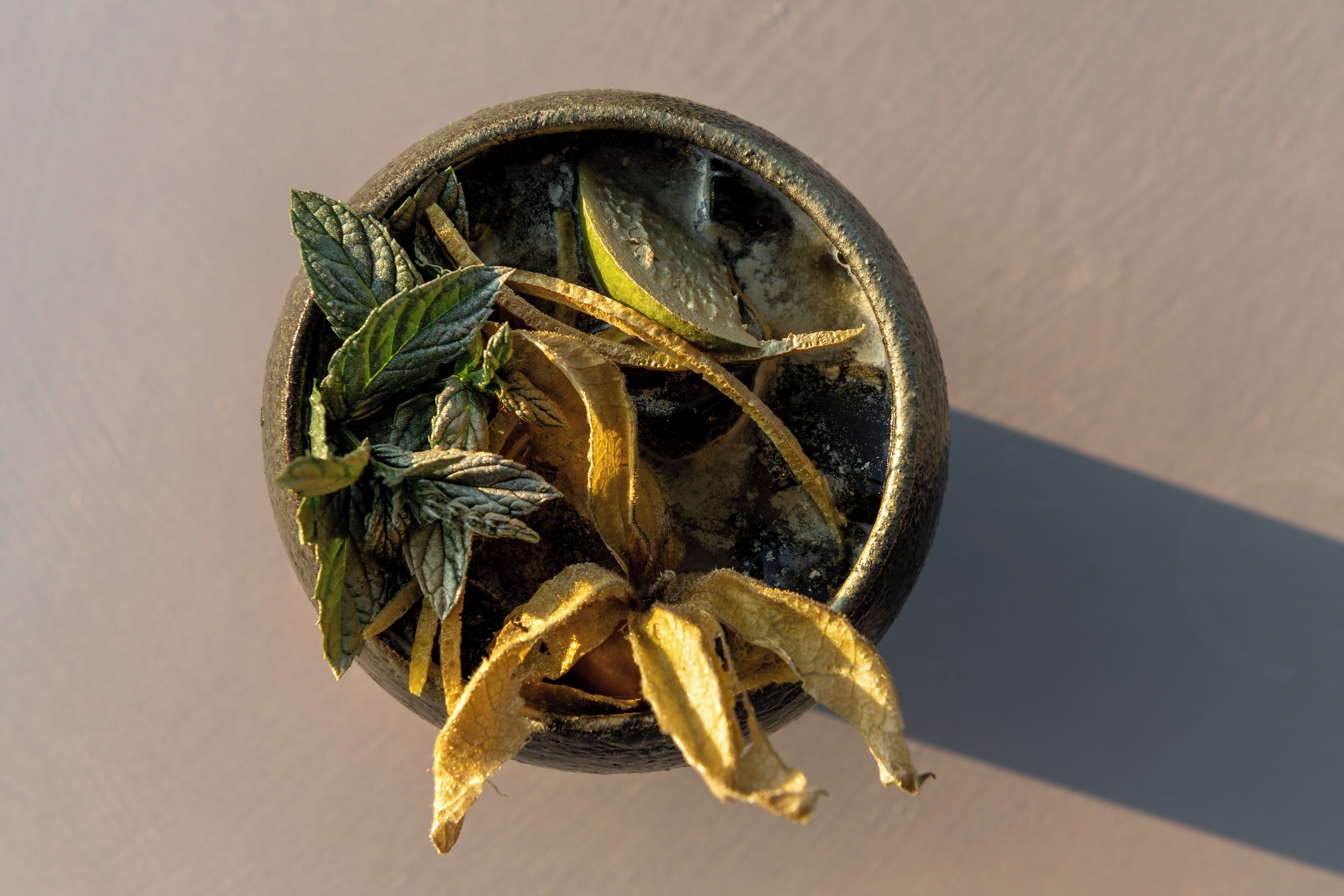 A small, round, metallic container with dried leaves and a plant.