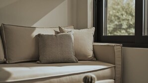 A beige sofa with pillows and a cactus decoration.