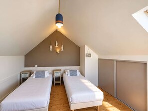 A bedroom with two beds, a sloped ceiling, and a skylight.