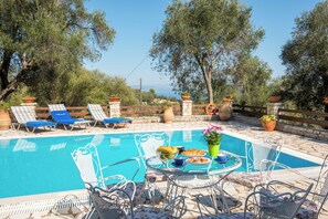 Outdoor dining - Private pool, stone Mansion, great views Villa Maritsa   (Kourteika)
