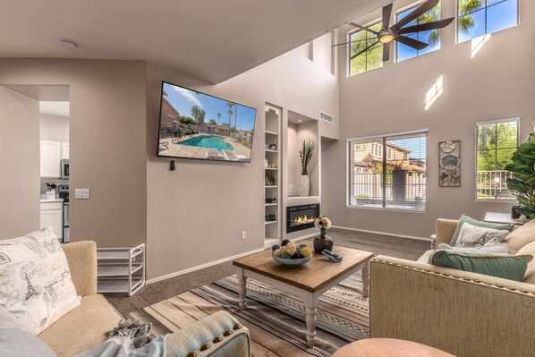 Smart TV, fireplace, video games, table football