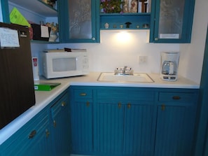 Fridge, microwave, coffee/tea maker