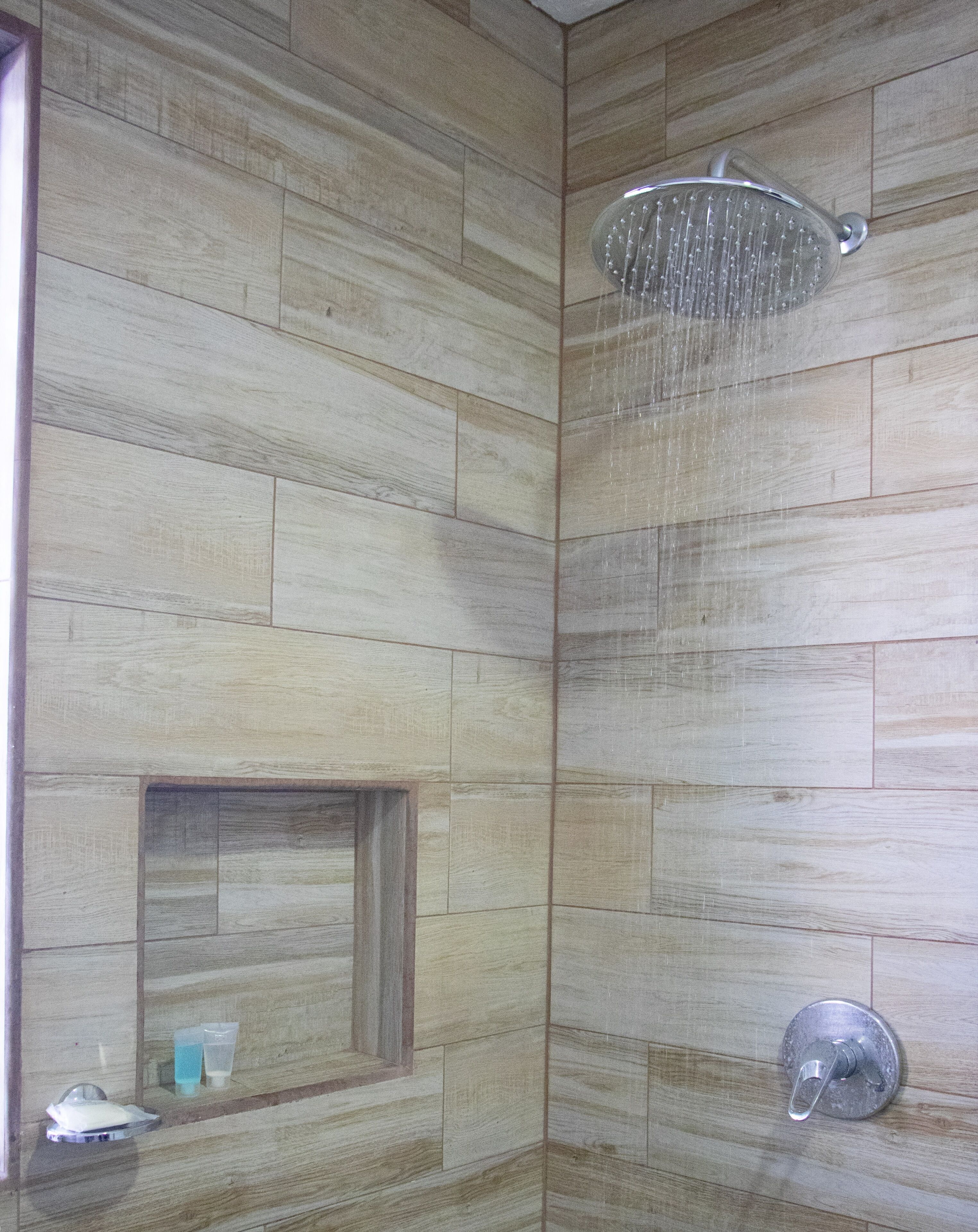 shower, towels, soap, shampoo