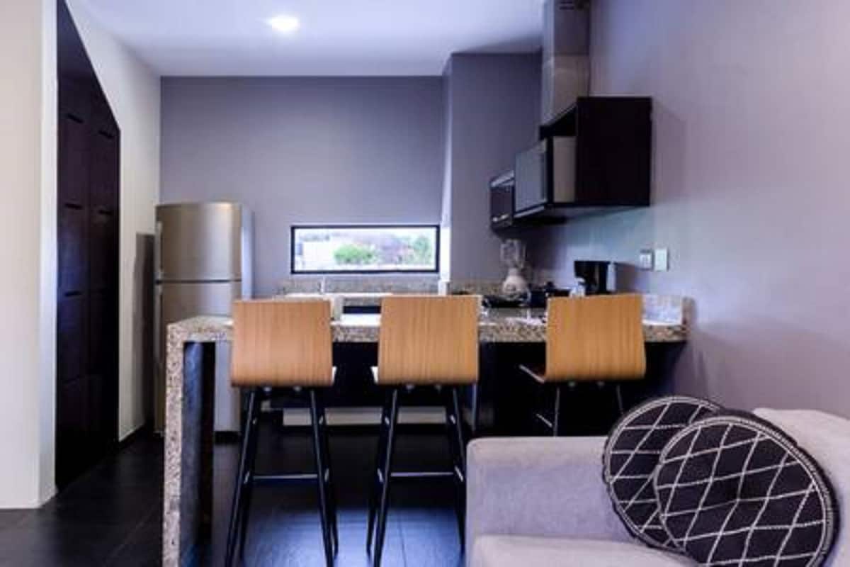 full-sized fridge, microwave, stovetop, blender