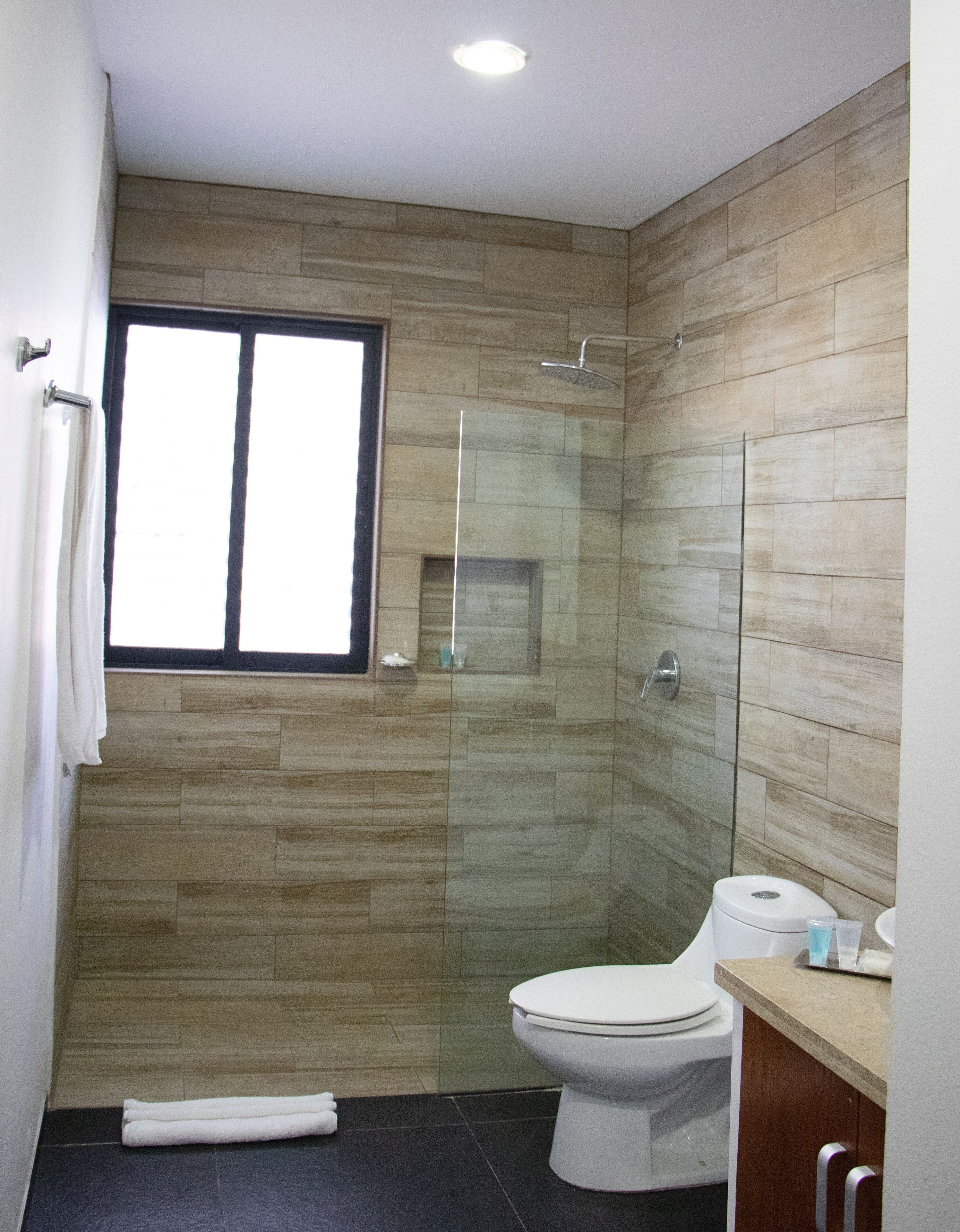 shower, towels, soap, shampoo