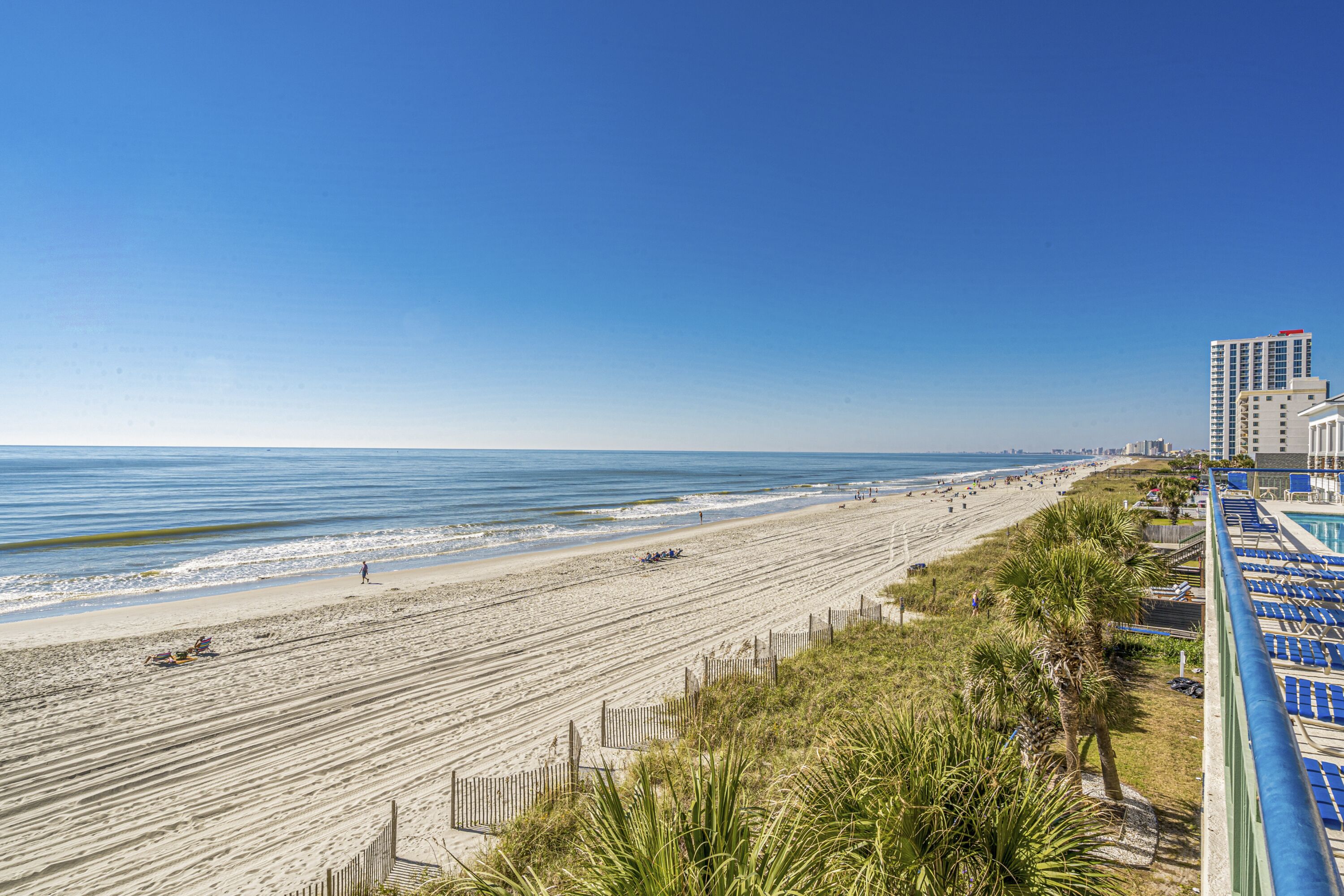 A beach with a wooden fence, palm trees, and a hotel with blue chairs along the shore.
