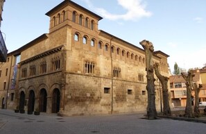 A historic building with a symmetrical facade, multiple arched windows, and a central tower.