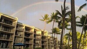 Un hotel con varios pisos, balcones y palmeras.