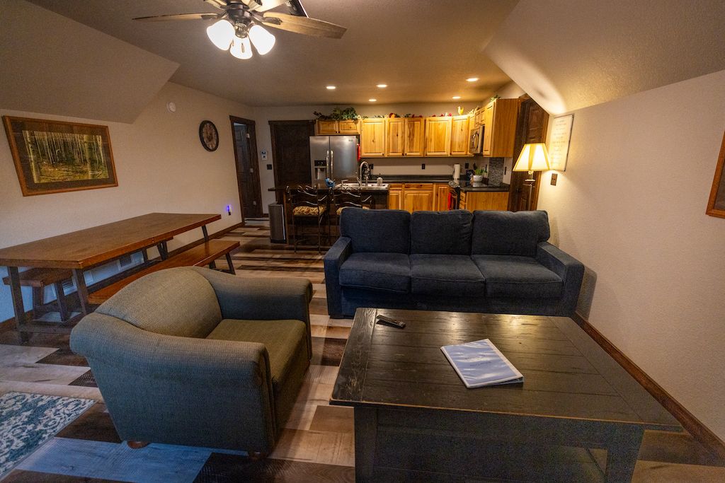 A living room with a sofa, armchair, coffee table, and a dining table.