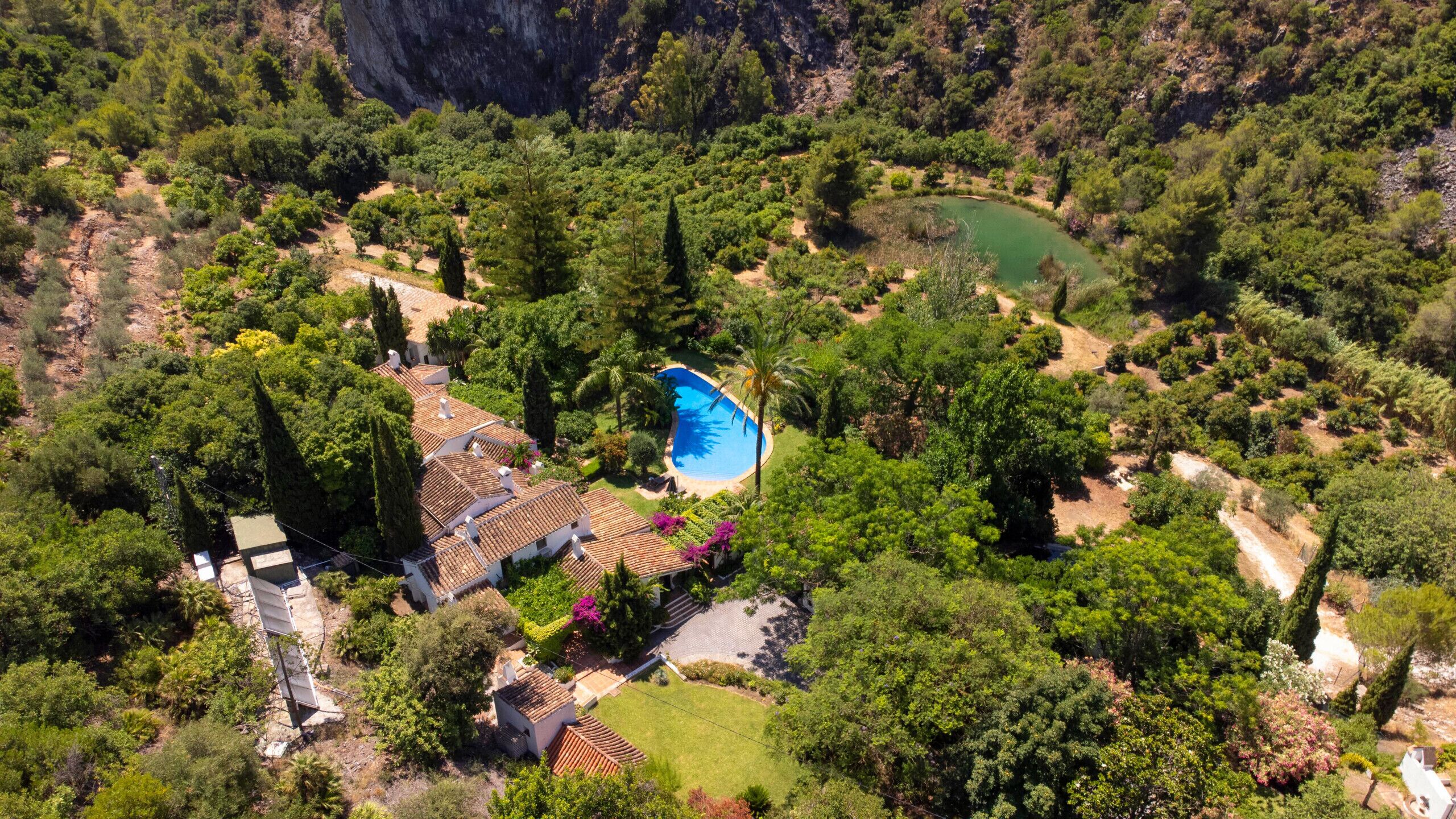 An aerial view of a property with a swimming pool surrounded by lush greenery and a mountainous backdrop.