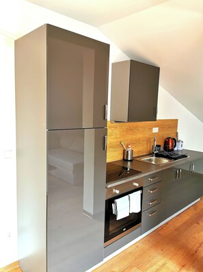 Fridge, oven, stovetop, coffee/tea maker