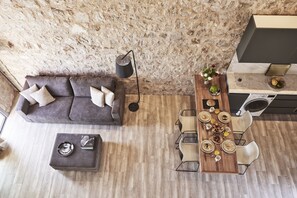 TV, fireplace, books