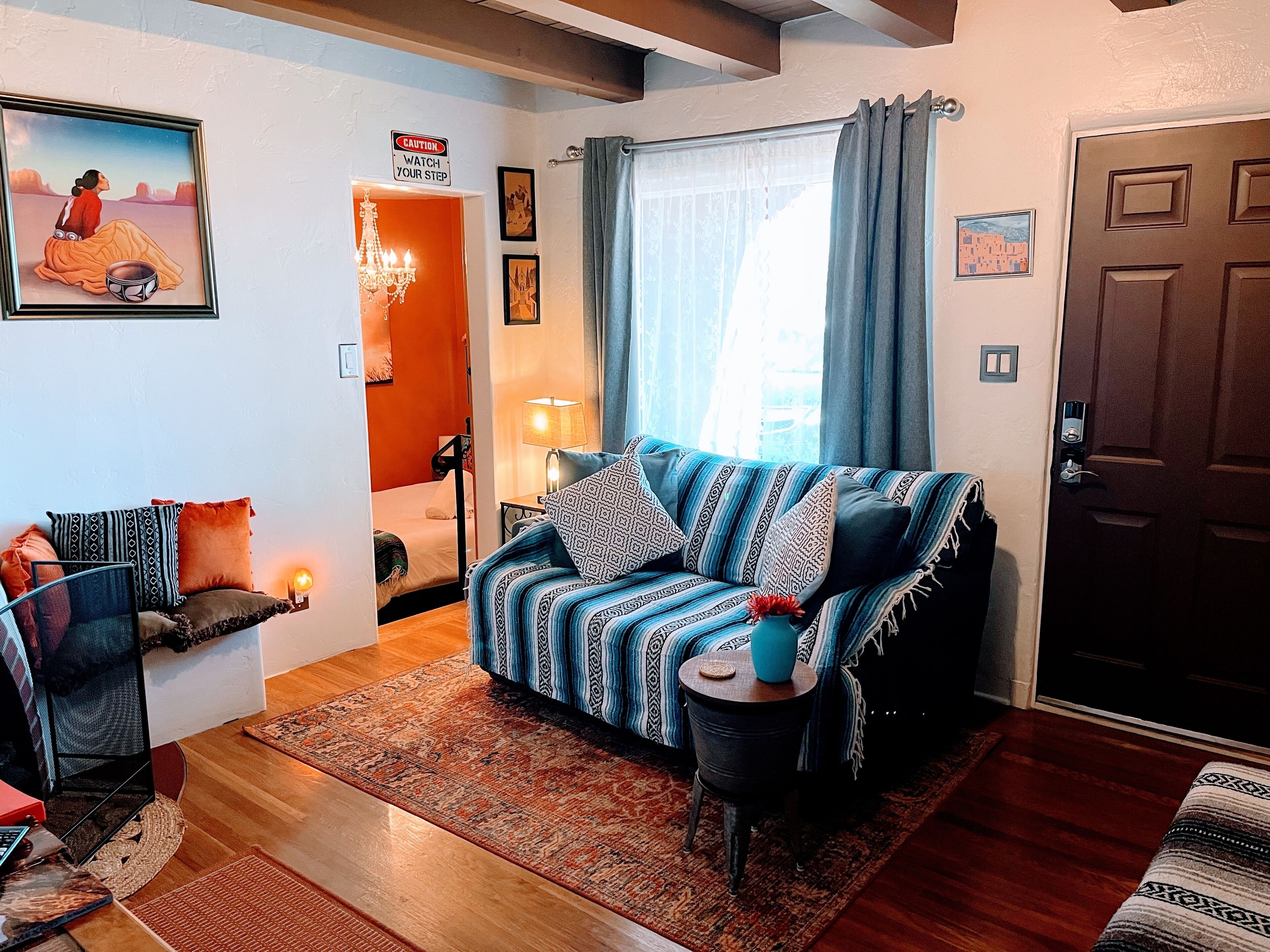 Smart TV, fireplace, books
