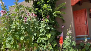 A garden with various plants and flowers, a red door, and a statue of a flamingo. - Nob Hill’s Casa Flamingo: King & Queen beds, Safe, Prime Location, Large Yard. (Albuquerque)