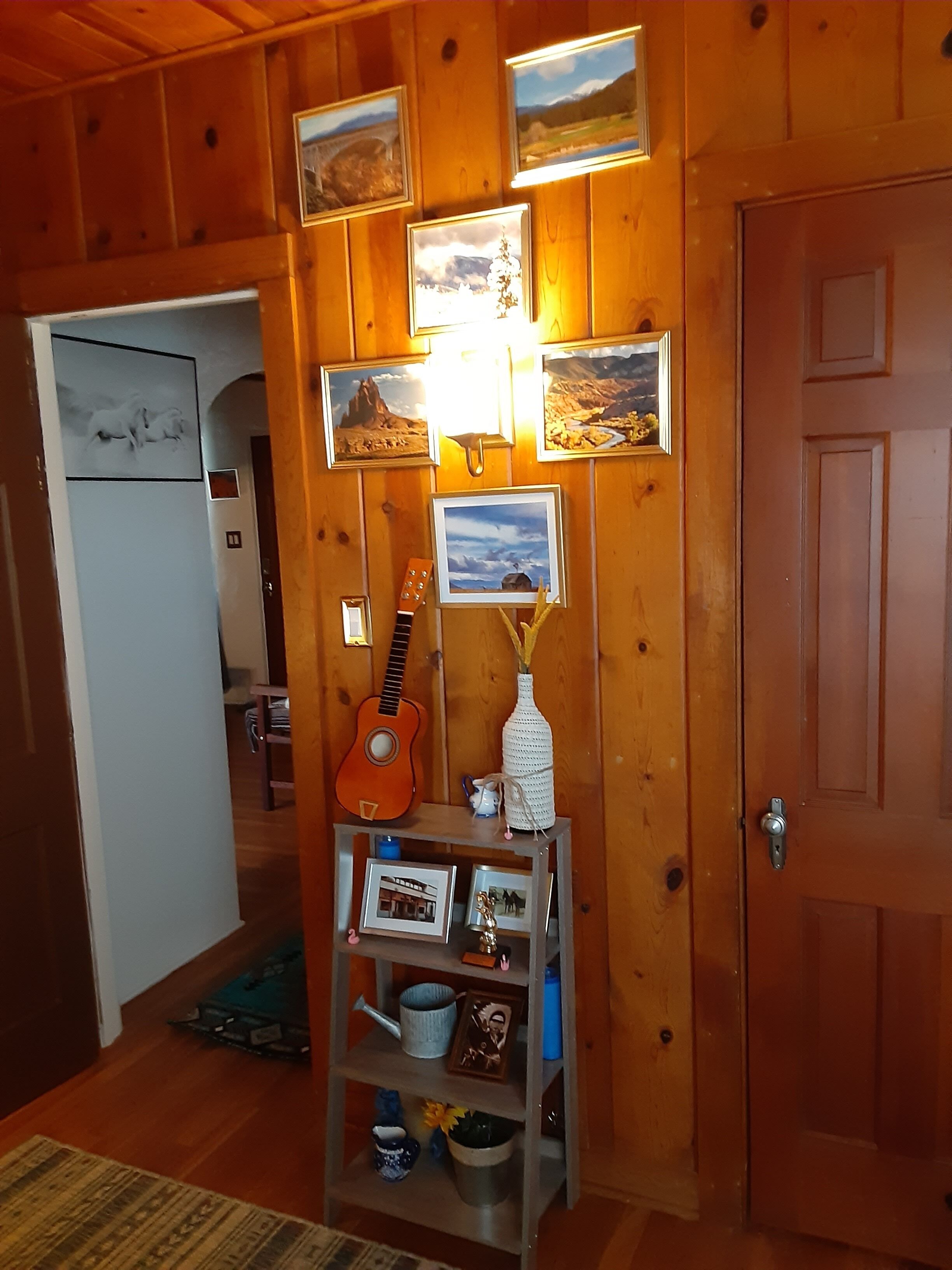 Un intérieur en bois avec une étagère où sont exposés des photos encadrées, une guitare et des objets décoratifs.