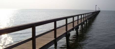A wooden pier extending into calm water with a clear horizon.