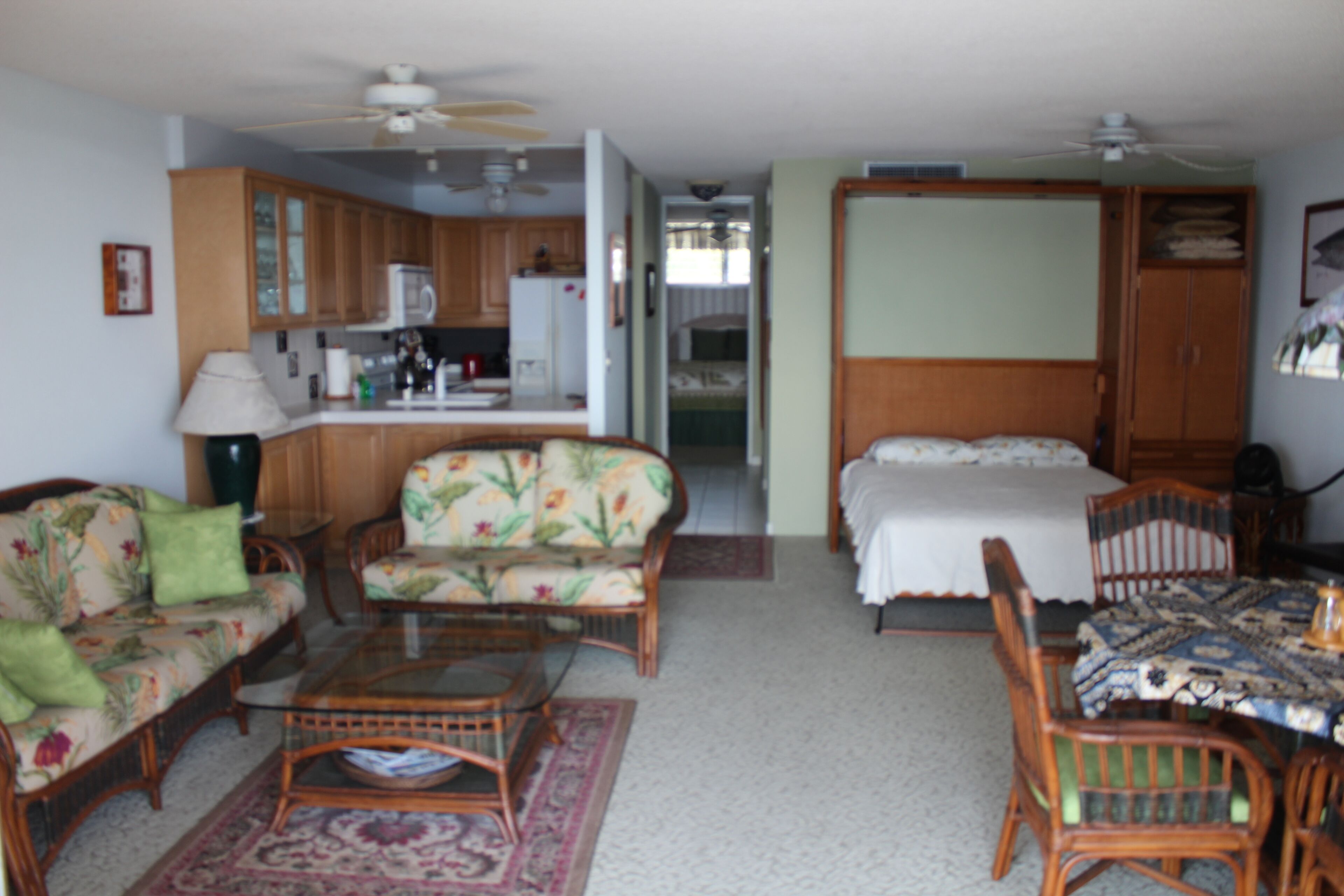 A compact living space with a kitchenette, a dining area, and a bedroom.