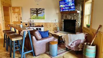 TV connectée, cheminée, livres, médiathèque