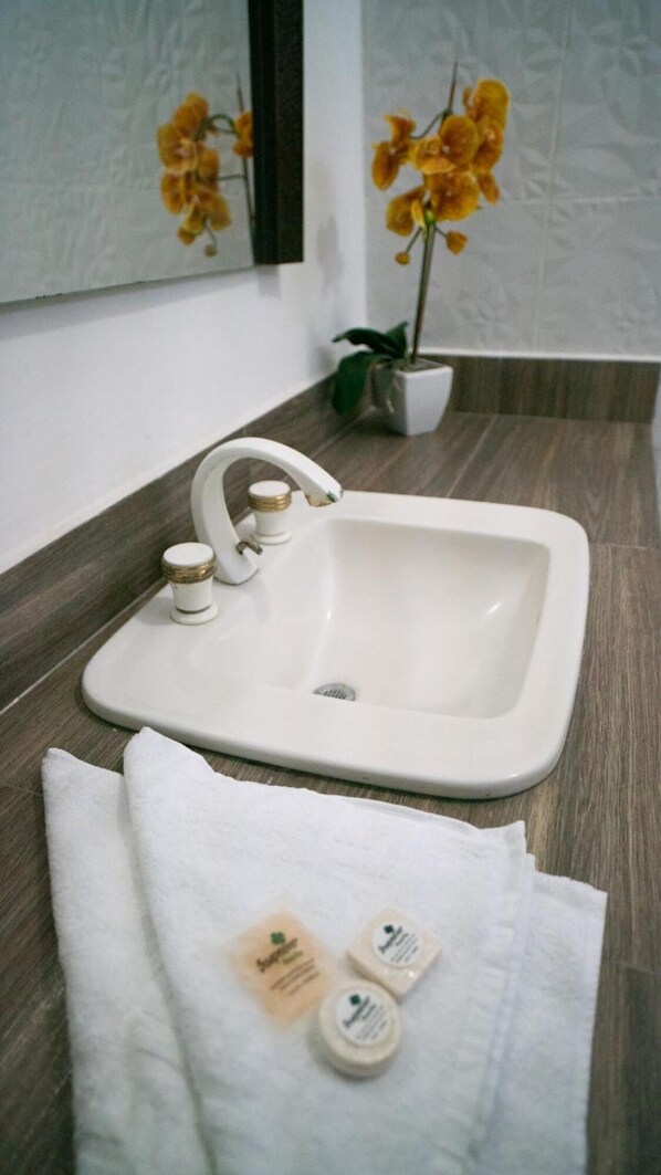 Un baño con un lavamanos blanco, un espejo y una orquídea en maceta.