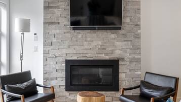 TV, fireplace, video games, foosball