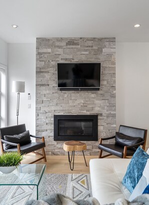 Télévision, cheminée, jeux vidéo, baby-foot