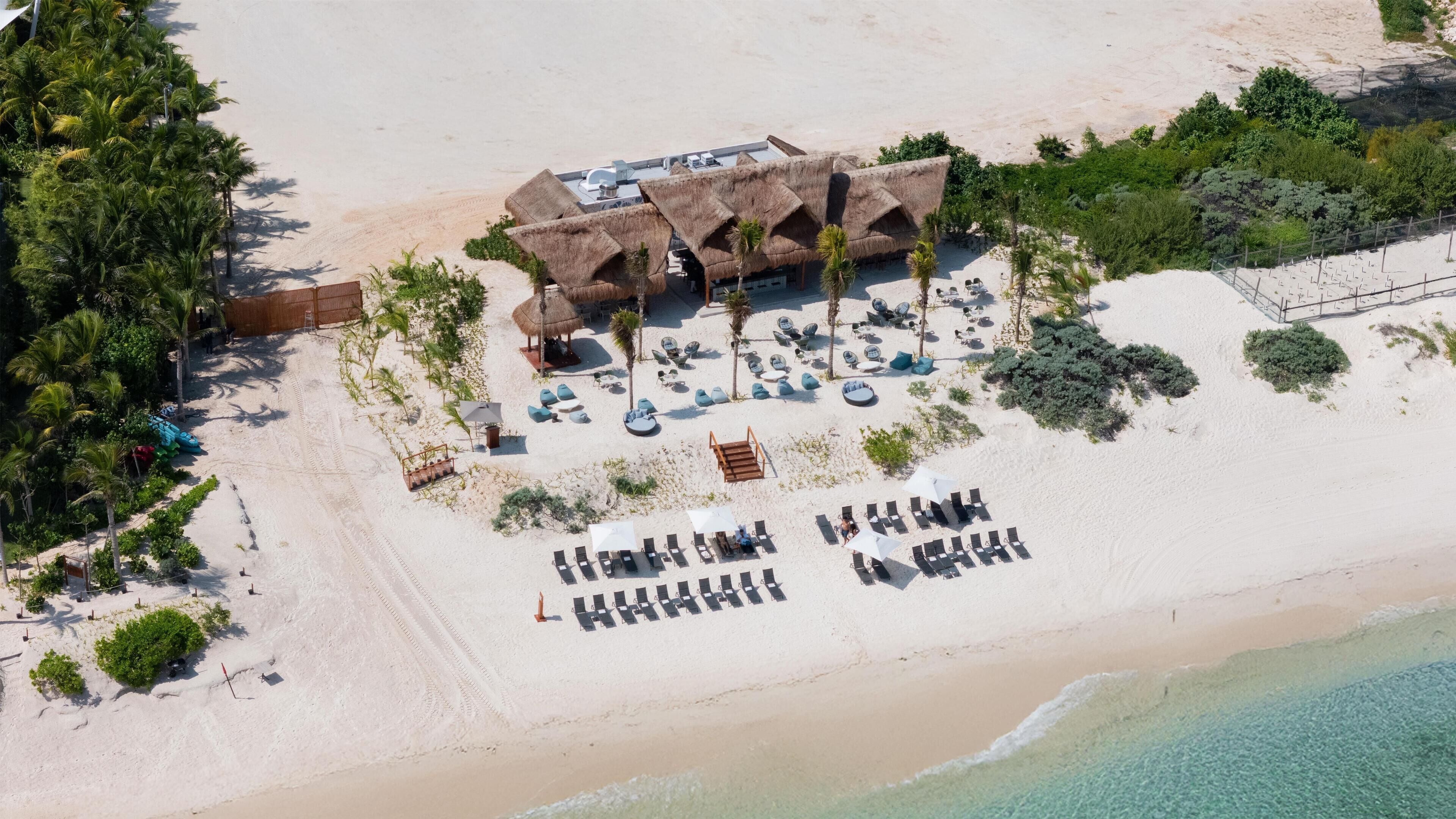 An aerial view of a beach resort with thatched-roof structures, sun loungers, and palm trees.