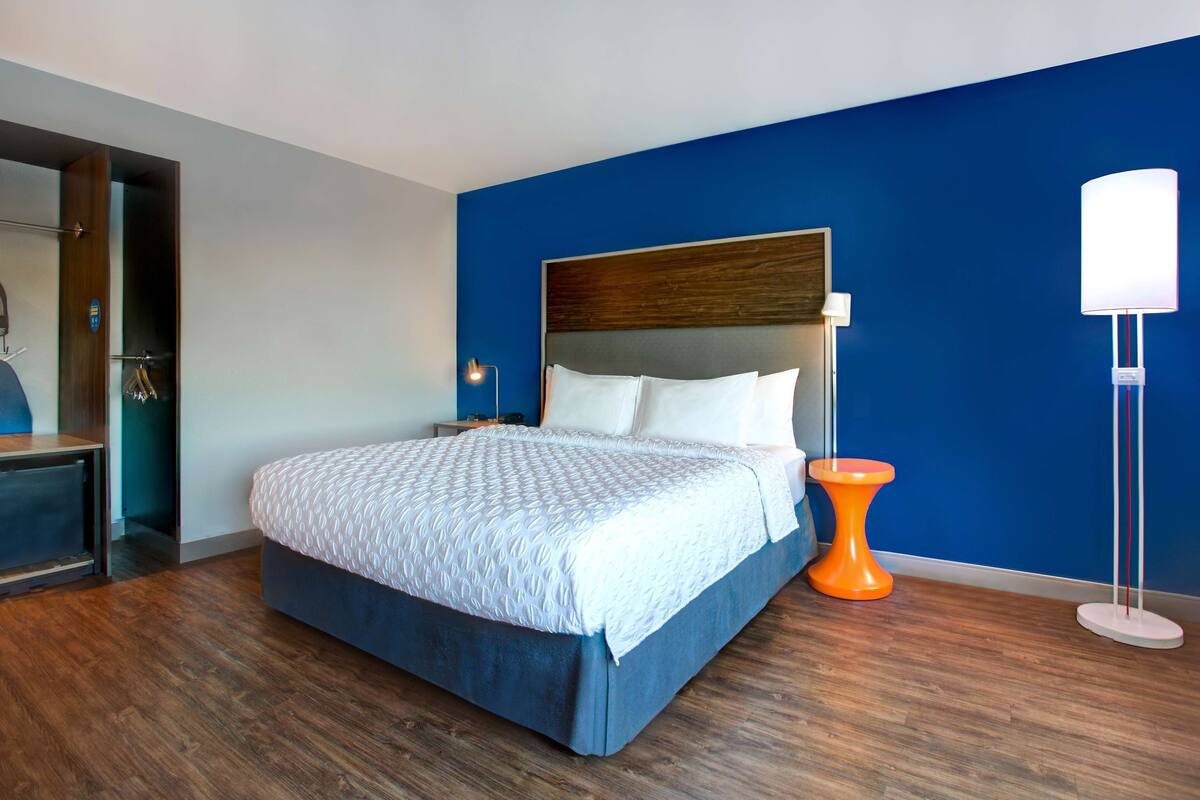 Una habitación de hotel moderna con una cama grande, suelo de madera y una pared azul decorativa.